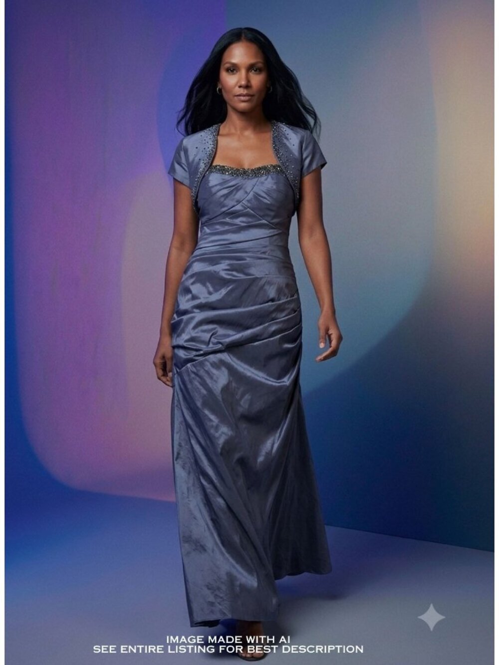 Y2K Jean De Lys Alyce Designs Strapless Gown 8 Maxi Shrug Beaded Ruched Slate